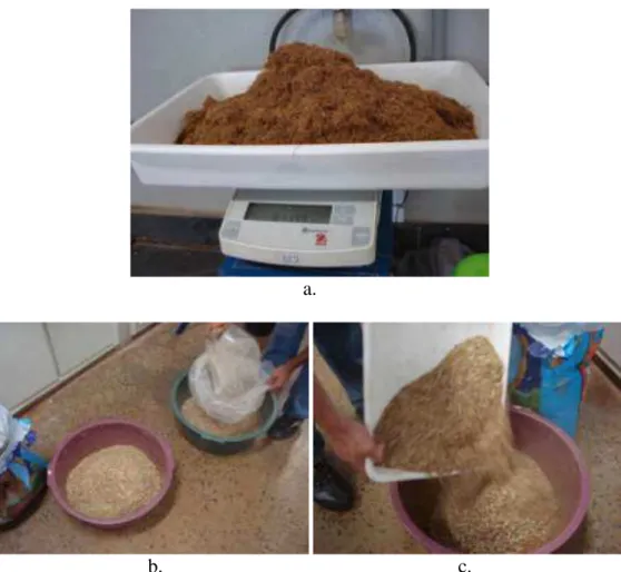 Figura 21. (a) Pesagem dos resíduos (b) Separação das matérias-primas. (c) Híbrido  A resina poliuretana à base de óleo de mamona é composta por duas fases, sendo uma  fase clara e a outra escura (catalisador-poliol)