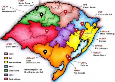 Figura 1 – Mapa das macrorregiões do Rio Grande do Sul com a localização das IES que ofertaram e ofertavam o curso  presencial de licenciatura em Artes Visuais