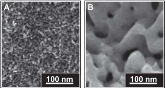 Figura  7.  Imagens  por  microscopia  electrônica  de  estruturas  nanoporosas  de  Pt 80 Au 20  obtidas por lixiviação de Cu (dealloying) com HNO 3  concentrado a partir  de uma liga Pt 10 Au 10 Cu 80  antes (A) e após (B) tratamento térmico (500 °C) [14