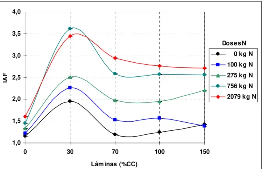 Figura 14 - Valores observados para o IAF no 3 0  corte do capim Tanzânia (20/07/2001),  em função das lâminas de água empregadas (% CC) e doses de nitrogênio  utilizadas  (kg N.ha -1 .ano -1 ) 