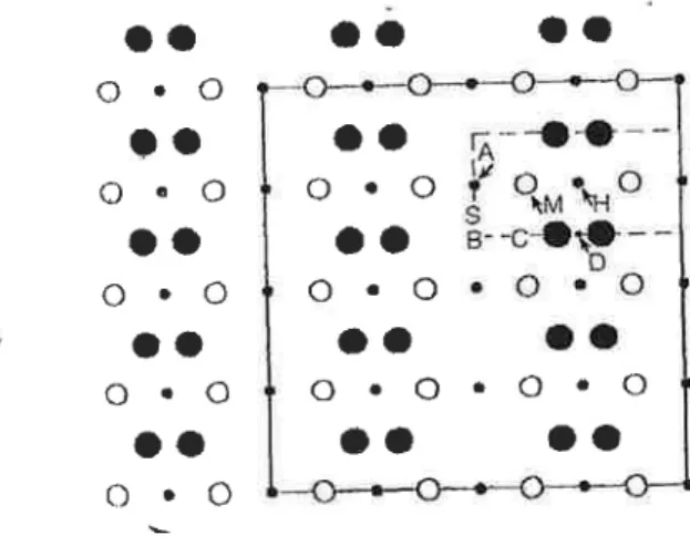 Figura 4.1:  Posições ligantes  para  um  átomo  sobre a superfície  (100)  do  Silício' Os círculos  cheios  representam os dímeros  de Si da primeira  camada'  os abertos representam  os átomos da segunda camada  e os  círculos pequenos representam  os á