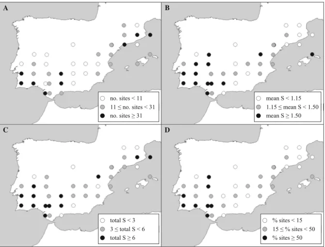 Fig. 2 Geographical patterns of large branchiopod assem- assem-blages. A Number of sites within each UTM 100 km grid square