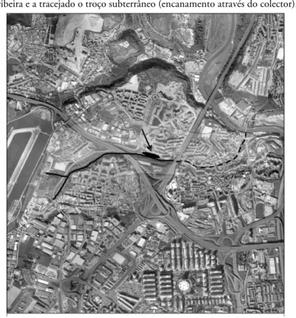 Figura 7 – Ocupação urbana da bacia de drenagem da Rª de Sacavém. Fonte: Google  Earth (imagem de 23 de Junho de 2007)