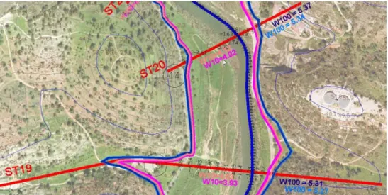 Figura 13 – Área inundável entre a secção transversal 10 (ponte romana) e a secção transversal 8 (a  montante da ponte dos Descobrimentos) 