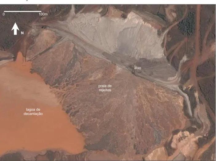 Figura 29 – Foto aérea da barragem de rejeitos de Doutor, CVRD S/A, Mariana.  (fonte: modificado de Google Earth,  2006)