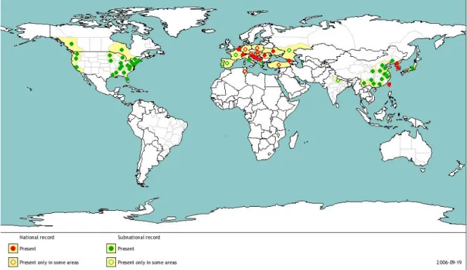 Figure 1 - Map of Cryphonectria parasitica distribution in the world. 