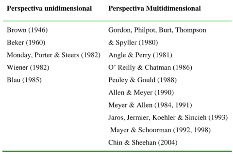 Tabela 1: Implicação Organizacional: autores das perspectivas unidimensional e multidimensional