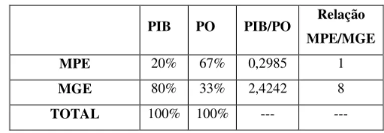 Tabela 6: Produtividade por porte da empresa  PIB  PO  PIB/PO  Relação 