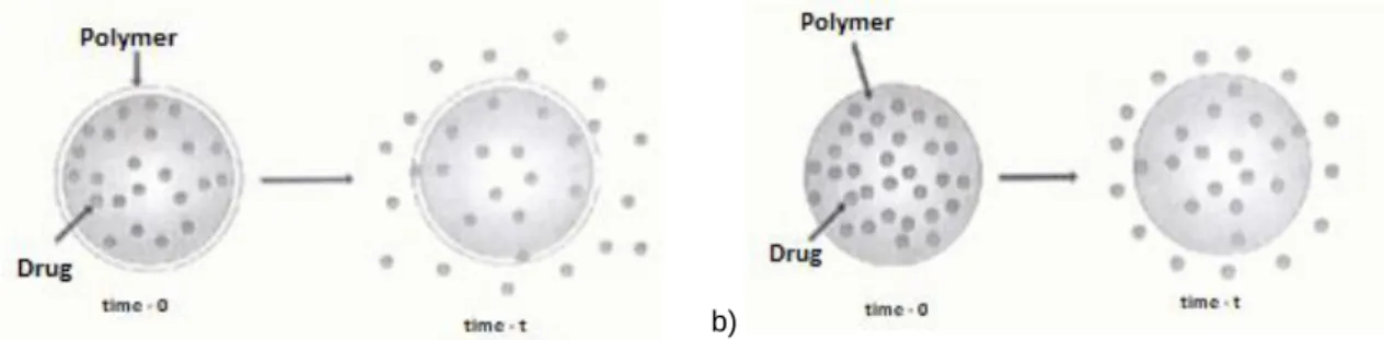 Figure  11  -  Schematic  representation:  a)  reservoir  diffusion-controlled  release  systems,  b)  monolithic  diffusion- diffusion-controlled release systems 84 