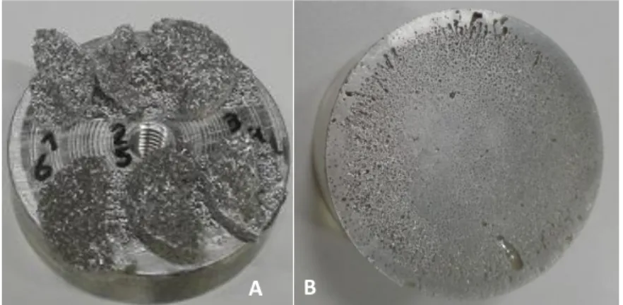 Figure 20 – A) Scaffolds half’s without DF (1, 2 and 3) and with DF (4, 5 and 6) on the SEM support; B) Epoxy  former of the CaPs granules overlayed with gold-palladium