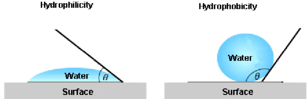 Figure 22 - The water contact angle (θ) on a hydrophilic surface and a hydrophobic surface