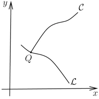 Figura 2.1: Ponto Q de intersec¸c˜ ao da curva L, em que o u ´ e conhecido, com a curva caracter´ıstica C no plano x − y.