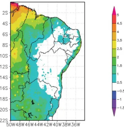 Figura 5.1 – Média anual do balanço entre a precipitação e a evaporação no Nordeste do  Brasil (mm/dia) (Fonte: Projeto PROCLIMA, INPE/CPTEC apud CGEE e ANA, 2012)  5.1.2 -   Padrões de precipitação 