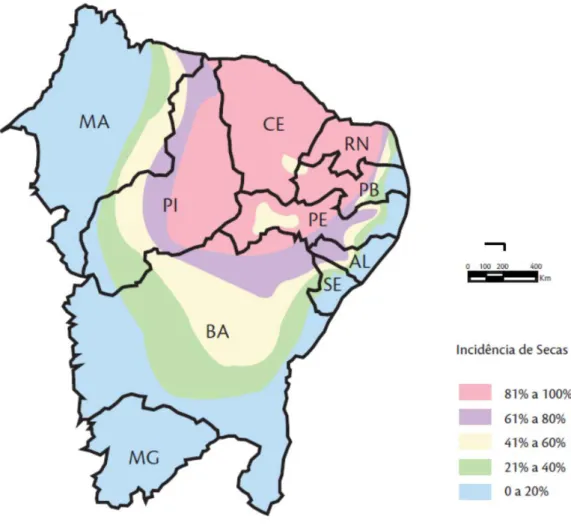 Figura 5.4 – Áreas de incidência de secas no Nordeste brasileiro, em porcentagem (Fonte: 