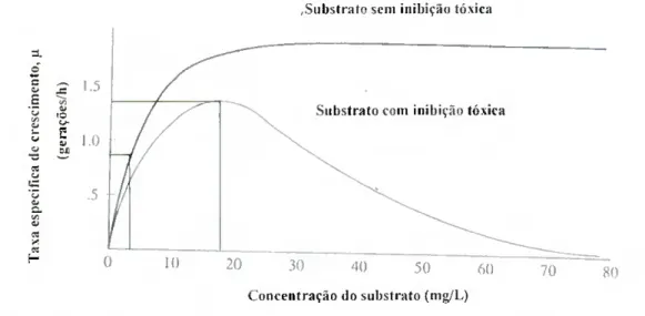 Fig. 13- Efeito da concentração do substrato e da sua toxicidade na taxa de crescimento