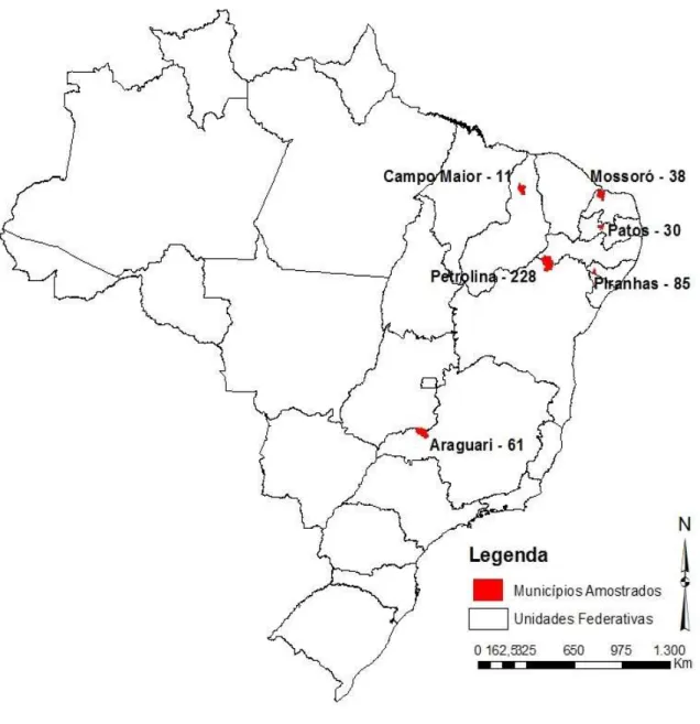 Figura 3- Mapa do Brasil com a localização dos estados e municípios de procedência das  amostras e a quantidade amostrada 