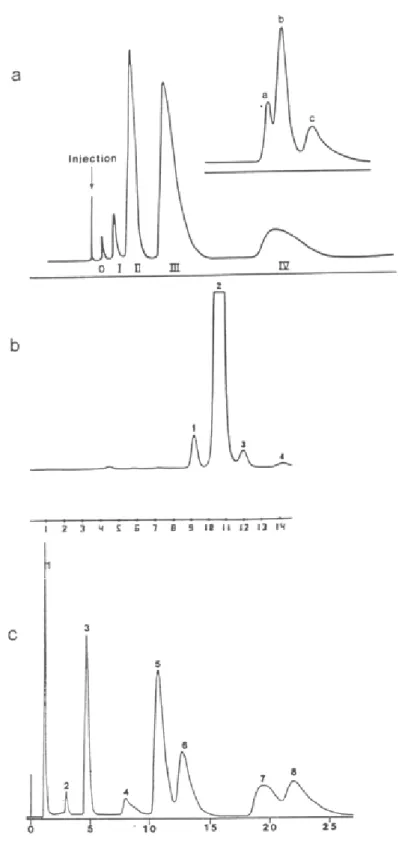Figura 1.3: Cromatogramas exibindo os vários isômeros e produtos da reação de  Rh 2 (CH 3 COO) 4  com acetamida (a), trifluoroacetamida (b) e N-fenilacetamida(c)