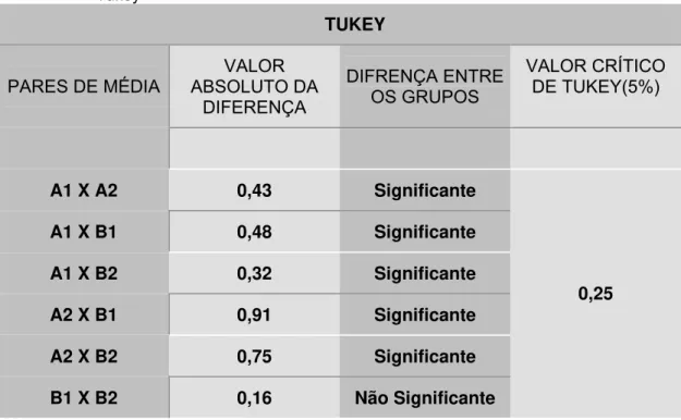 Tabela 5.4 - Comparação entre os valores médios calculados de extrusão apical e o valor crítico de  Tukey  TUKEY  PARES DE MÉDIA VALOR  ABSOLUTO DA  DIFERENÇA  DIFRENÇA ENTRE OS GRUPOS  VALOR CRÍTICO DE TUKEY(5%)  A1 X A2  0,43  Significante  A1 X B1  0,48