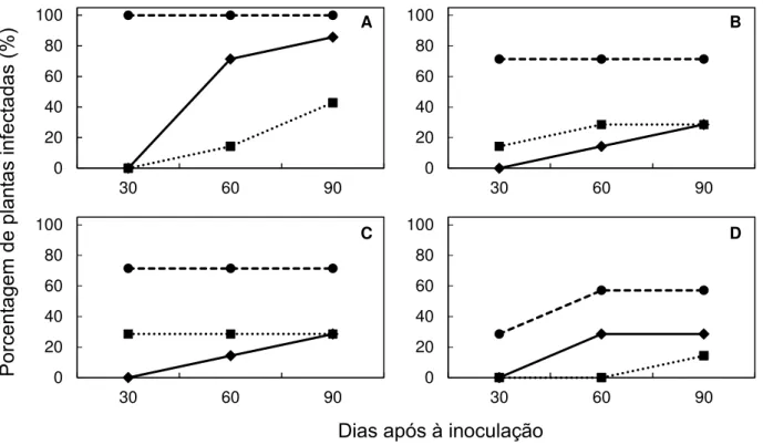 Figura  4  –   Porcentagem  de  plantas  de  Catharanthus  roseus,  Citrus  sinensis  e  Nicotiana  tabacum  positivas para Xylella fastidiosa por isolamento em meio de cultura aos 30, 60 e 90 dias  após à inoculação (DAI) mecânica do isolado U24D