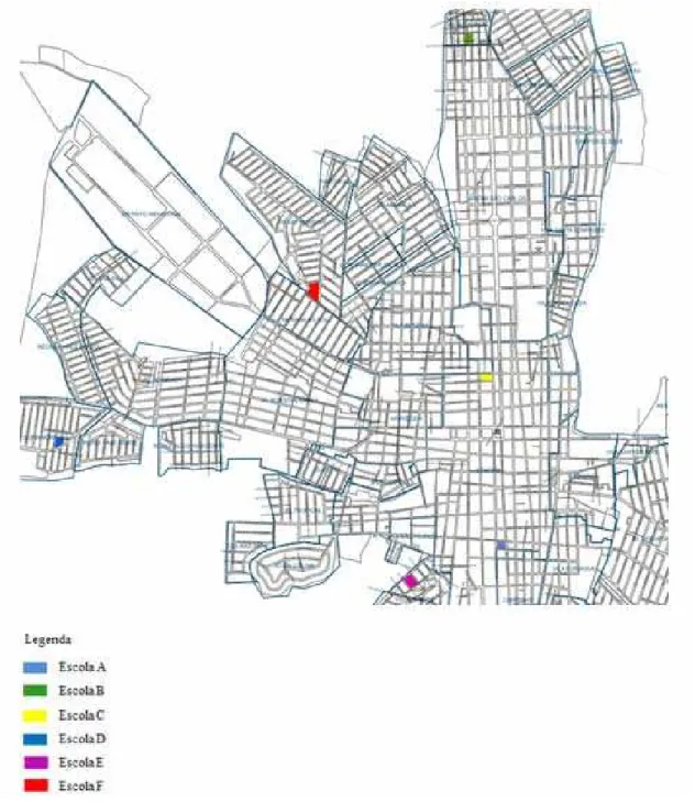 Figura 1 - Mapa de Alfenas com o posicionamento das escolas estudadas 