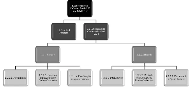 Figura 5-2- WBS gráfica do Projecto descriminada ao 4º nivel do Subprojecto Gestão Execução do  Cadastro Predial Lote 1 