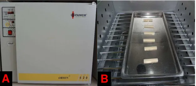 Figura  4.1  -  A:  Estufa  utilizada  para  tratamento  térmico;  B:  Corpos-de-prova  posicionados  no  interior do equipamento 