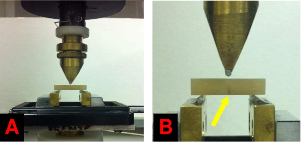 Figura  4.6  -  A:  Corpo-de-prova  posicionado  na  máquina  de  ensaios  universais;  B:  Entalhe  posicionado no lado oposto da ponta que gerou a carga 