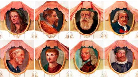 Fig. 8 – Galeria de retratos do Palácio Pombeiro-Belas, onde se podem ver em cima  os retratos de Rafael, Corregio, Ticiano e Vieira Lusitano, e em baixo os retratos de  Homero, Virgílio, Voltaire e Camões