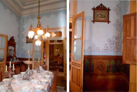 Fig. 4 – A sala de jantar e as pinturas em estêncil, trompe l’oeil e à mão livre que  enfeitam as paredes