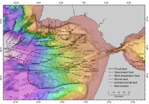 Figure 1: occurrence of mud volcanoes in the Gibraltar arc system (red triangles). also shown major structural features and trends