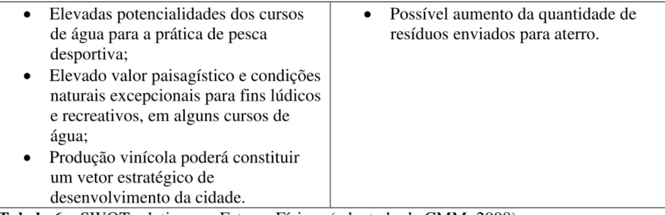 Tabela 6  –  SWOT relativo aos Fatores Físicos (adaptado de CMM, 2008) 