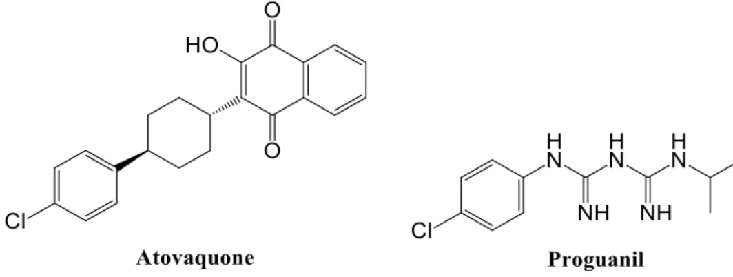 Figure 1.21 – Structural representation of the active compounds of the Malarone ®  (atovaquone  and proguanil)