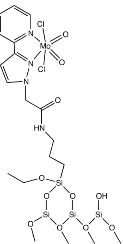 Figura 1.20. Figura representativa das espécies dioxo de Mo ligadas covalentemente aos grupos  silanol MCM-41, para o material MCM-41-MoO 2 Cl 2 .PP  42
