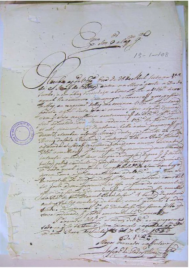 Figura 2: reprodução de carta escrita em 3 de setembro de 1739, em São Paulo, assinada por Joseph de Godoy M oreyra.
