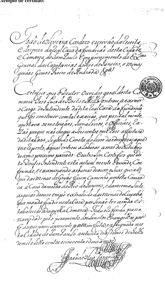 Figura 3: reprodução de certidão escrita em 30 de julho de 1752, em São Paulo, assinada por João de Oliveira Cardozo.