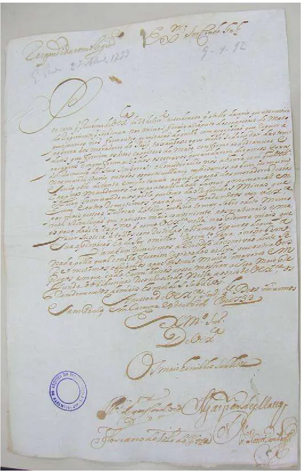 Figura 4: reprodução de representação escrita em 29 de abril de 1733, em São Paulo, assinada por M anoel de Goes  Cardozo, Gaspar de M attos, Floreano de Toledo Piza e Antônio Xavier Parrido.