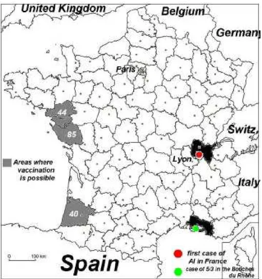 Figura 4 - Localização dos casos de gripe aviária na França em 2006 