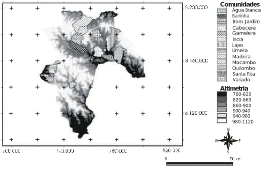 Figura 2 – Distribuição espacial de algumas das associações dos agricultores familiares no município de Silvânia (GO) tendo como fundo o mapa hipsométrico.