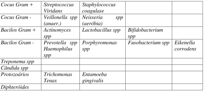 Tabela 2 – Microorganismos presentes na microbiota bucal (Puchadeset al, 2009.e Greenberg  et al  1979
