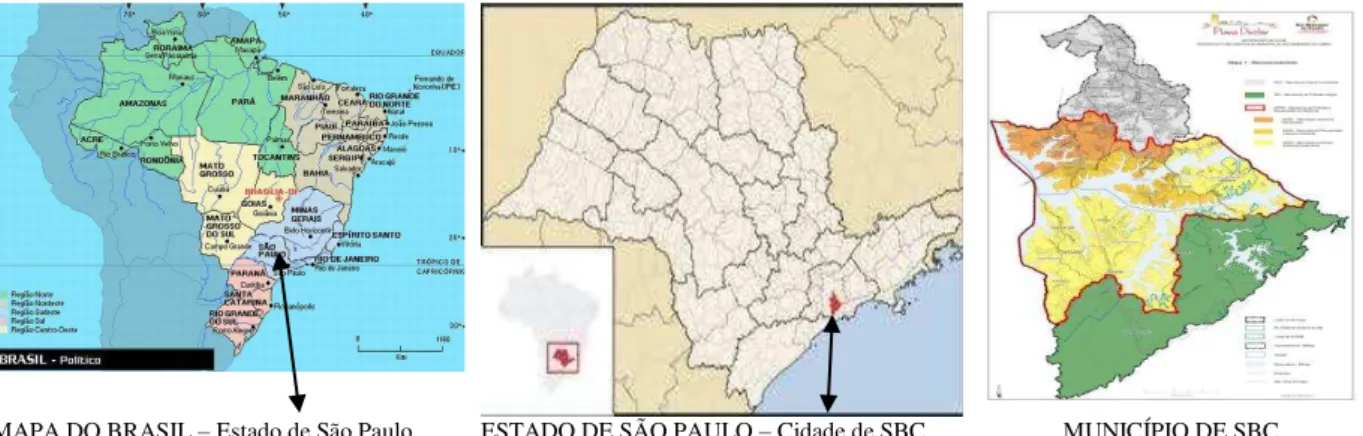 Figura 1 - Mapa do Brasil, Estado de São Paulo e do município de São Bernardo do Campo   Fontes: IBGE, Prefeitura Municipal de São Paulo e PMSBC 