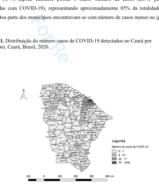 Figura 1. Distribuição do número casos de COVID-19 detectados no Ceará por  município, Ceará, Brasil, 2020.