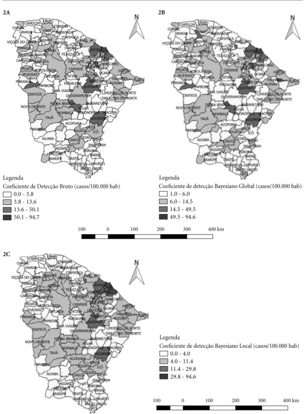 Figura 2. Coeficiente de detecção de casos de COVID-19 no estado do Ceará, Brasil - bruto, suavizado pelo  estimador bayesiano global e local, 2020.