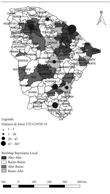Figura 3. BoxMap do coeficiente de detecção de casos de COVID-19  por município e distribuição do número de leitos de UTI-COVID19,  Ceará, Brasil, 2020.