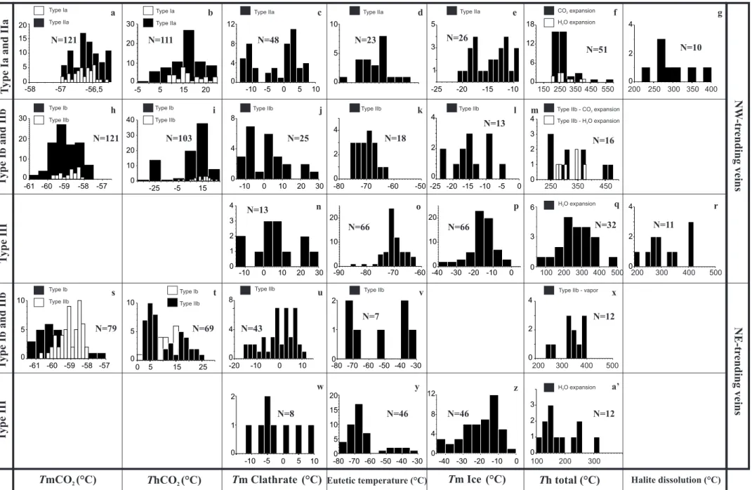 Fig. 6. Histograms showing microthermometric data obtained on Type I, II and III fluid inclusions from the Morro do Ouro Mine gold-quartz veins.05100102030040480123405024010201302401020-20-10010048-80 -70 -60 -50 -40 -30012-80 -70 -60 -50 -40 -3005101520-4