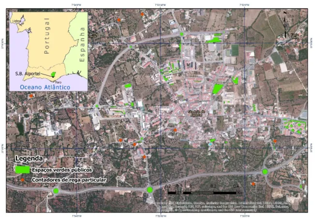 Figura 1 - Localização dos espaços verdes públicos e dos contadores privados na   vila de São Brás de Alportel