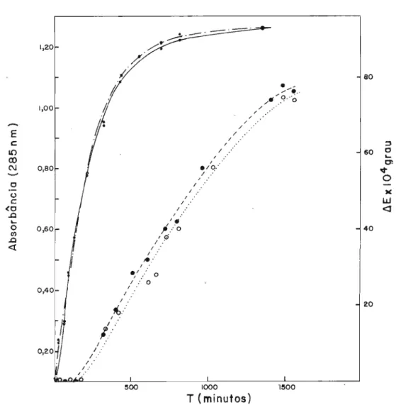 Figura 7 - Hidratação de 6-NMNH (9,2 x 10- 4 M) em tampão riro fosfato de sódio (0,02 M)/ma1eato de sódio (0,012M),pH 6,0,na ausência (_.-.-) e na presenca (--) de GPD (1,7 x 10- 6 M).