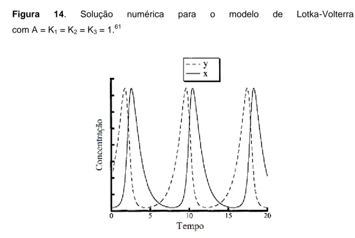 Figura  14.  Solução  numérica  para  o  modelo  de  Lotka-Volterra                               com A = K 1  = K 2  = K 3  = 1