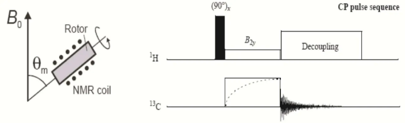 Figure  18  –  Illustration  of  the  MAS  method  (left)  and  Cross  Polarization  Magic  Angle  Spinning pulse sequence (right) 