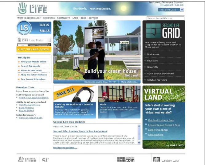 Fig.  2  –  Página  inicial  do  site  www.secondlife.com  (note,  meu  nome  no  canto  superior  direito 