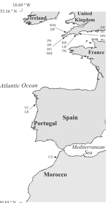 Fig. 1. Locations of the 16 analysed samples: DG, Durgan;